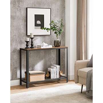 VASAGLE Console Table, 2-Tier Entryway Table with Mesh Shelf, Narrow Sofa Table, Steel Frame, Adjustable Feet, for Hallway, Living Room, Industrial Style, Rustic Brown and Black ULNT80X