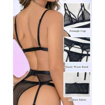popiv Women's Sexy Lingerie Set with Garter Belt and Matching Bra