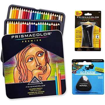 Prismacolor Quality Art Set - Premier Colored Pencils 48 Pack, Premier Pencil Sharpener 1 Pack and Latex-Free Scholar Eraser 1 Pack