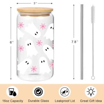 Lovearth Boho Ghost Iced Coffee Cup, 16oz Halloween Glass Cup with Lid and Straw, Ghost Daisy Coffee Tumbler, Fall Cup, Spooky Gifts, Halloween Lover Gifts, Boo Basket Stuffers for Women, Teens