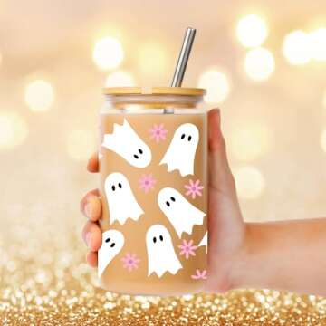 Lovearth Boho Ghost Iced Coffee Cup, 16oz Halloween Glass Cup with Lid and Straw, Ghost Daisy Coffee Tumbler, Fall Cup, Spooky Gifts, Halloween Lover Gifts, Boo Basket Stuffers for Women, Teens