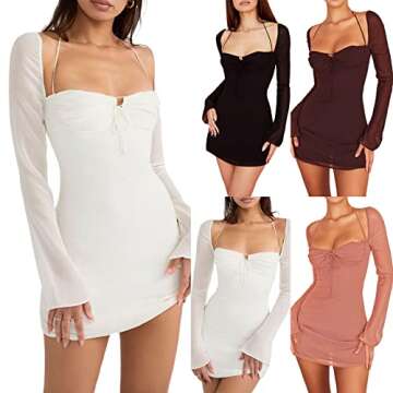 Women Sexy Halter Mini Dress Bodycon Low Cut Long Sleeve Cocktail Dress Lace Up Hollow Out Ruched Dress Club Party Wear (S, Brown B)