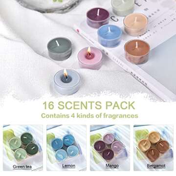 Sungmor 16 Pack Long Burning Scented Tea Light Candles, 100% Natural Soy Wax No Lead Smokeless Tea Warmer Candles Tealight Candles for Decor Holidays, General Use, Room Ambiance, Aromatherapy Relaxing