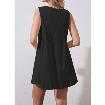 RONGCAT Womens Summer Sleeveless Mini Dress with Pockets Casual Loose V Neck Sundress Pleated Swing Flowy Trendy Tank Dress(Black,L)