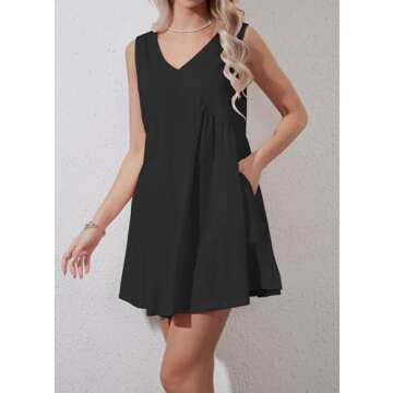 RONGCAT Womens Summer Sleeveless Mini Dress with Pockets Casual Loose V Neck Sundress Pleated Swing Flowy Trendy Tank Dress(Black,L)