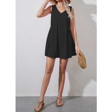 RONGCAT Womens Summer Sleeveless Mini Dress with Pockets Casual Loose V Neck Sundress Pleated Swing Flowy Trendy Tank Dress(Black,L)