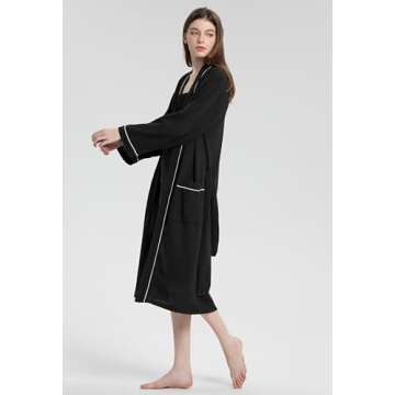 SIORO Waffle Knit Robes for Women, Womens Cotton Robes lightweight Kimono Long Bathrobe Soft Hotel Spa Robe, Black, Small
