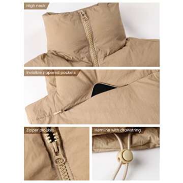 UANEO Cropped Puffer Vest Women Zip Up Stand Collar Sleeveless Padded Crop Puffy Vests (Khaki-XS)