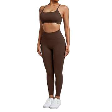 SUUKSESS Women Seamless 2 piece Workout Sets Strappy Padded Sports Bra Booty High Waisted Leggings Outfits (Deep Brown,L)