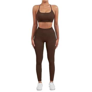 SUUKSESS Women Seamless 2 piece Workout Sets Strappy Padded Sports Bra Booty High Waisted Leggings Outfits (Deep Brown,L)