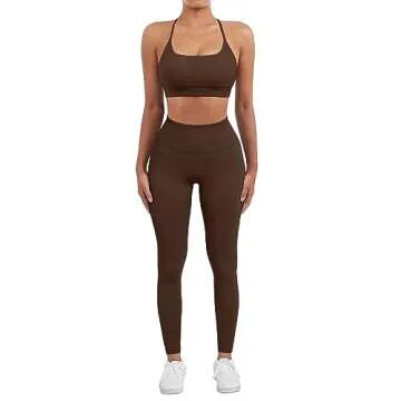 SUUKSESS Women Seamless 2 piece Workout Sets Strappy Padded Sports Bra Booty High Waisted Leggings Outfits (Deep Brown,L)