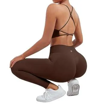 SUUKSESS Women Seamless 2 piece Workout Sets Strappy Padded Sports Bra Booty High Waisted Leggings Outfits (Deep Brown,L)