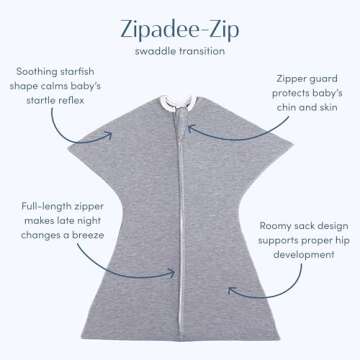 SleepingBaby Zipadee-Zip Transitional Swaddle Sack, 6-12 Month - Roomy Zipper Swaddle for Easy Diape...