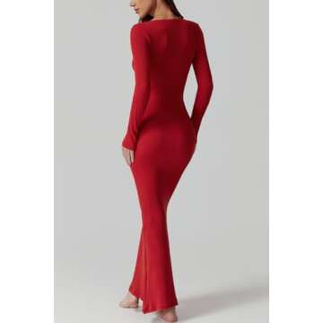 QINSEN Womens Solid Red Maxi Dress Long Sleeve Ribbed Knit Curvy Slim Fit Formal Cocktail Dress M