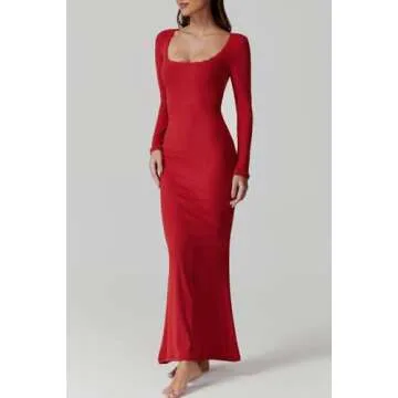 QINSEN Womens Solid Red Maxi Dress Long Sleeve Ribbed Knit Curvy Slim Fit Formal Cocktail Dress M