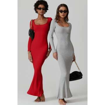 QINSEN Womens Solid Red Maxi Dress Long Sleeve Ribbed Knit Curvy Slim Fit Formal Cocktail Dress M