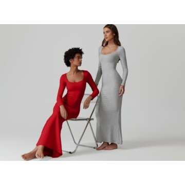 QINSEN Womens Solid Red Maxi Dress Long Sleeve Ribbed Knit Curvy Slim Fit Formal Cocktail Dress M