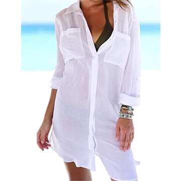 Women Sexy Vogue Button Down Shirts Crinkle Chiffon Bathing Suit Cover up Beachwear