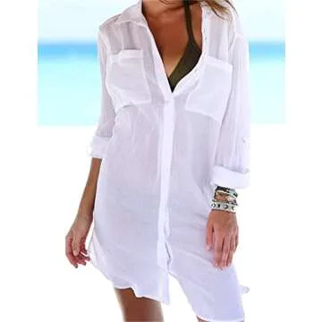 Women Sexy Vogue Button Down Shirts Crinkle Chiffon Bathing Suit Cover up Beachwear