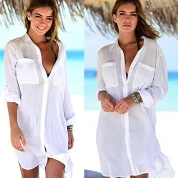 Women Sexy Vogue Button Down Shirts Crinkle Chiffon Bathing Suit Cover up Beachwear