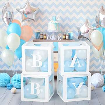 Voircoloria Baby Boxes with Letters for Baby Shower, 4 Transparent Balloon Boxes with Letters for Gender Reveal Birthday Wedding Baby Shower Decorations(Blue and White Balloons)