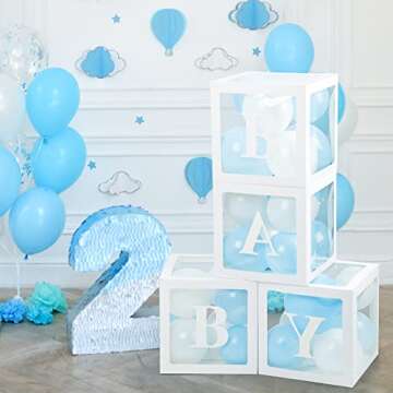 Voircoloria Baby Boxes with Letters for Baby Shower, 4 Transparent Balloon Boxes with Letters for Gender Reveal Birthday Wedding Baby Shower Decorations(Blue and White Balloons)