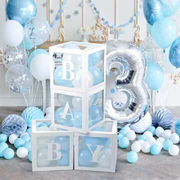 Voircoloria Baby Boxes with Letters for Baby Shower, 4 Transparent Balloon Boxes with Letters for Gender Reveal Birthday Wedding Baby Shower Decorations(Blue and White Balloons)