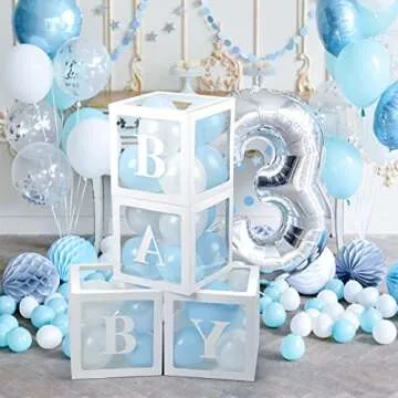 Voircoloria Baby Boxes with Letters for Baby Shower, 4 Transparent Balloon Boxes with Letters for Gender Reveal Birthday Wedding Baby Shower Decorations(Blue and White Balloons)