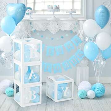 Voircoloria Baby Boxes with Letters for Baby Shower, 4 Transparent Balloon Boxes with Letters for Gender Reveal Birthday Wedding Baby Shower Decorations(Blue and White Balloons)