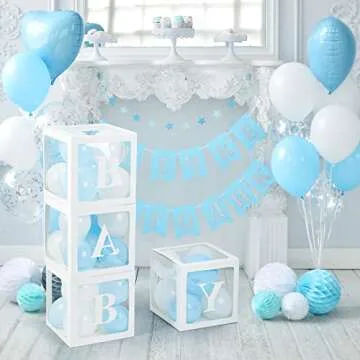 Voircoloria Baby Boxes with Letters for Baby Shower, 4 Transparent Balloon Boxes with Letters for Gender Reveal Birthday Wedding Baby Shower Decorations(Blue and White Balloons)