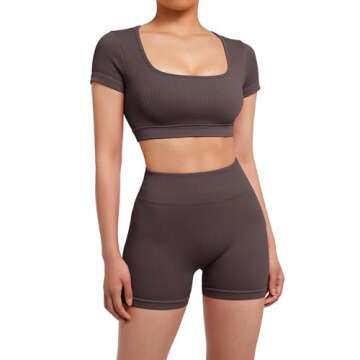 SUUKSESS Open Back Short Sleeve Scrunch Butt Booty Shorts Seamless Ribbed Workout Sets 2 Piece Outfits (#1 Dark Brown, S)