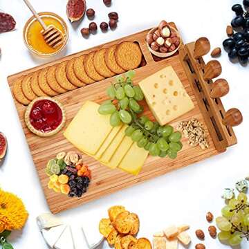 Widousy Bamboo Cheese Board Set, Cheese Tray, Charcuterie Board and Serving Meat Platter with 4 Stai...