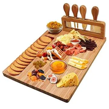 Widousy Bamboo Cheese Board Set, Cheese Tray, Charcuterie Board and Serving Meat Platter with 4 Stainless Steel Cheese Knives, Ideal for Wedding Gifts Christmas Birthday Party (14''x11'')