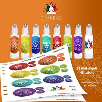 Got Oil Supplies Roller Bottle Labels - Chakra Yoga Collection - 8 Designs for 10ml Essential Oil Gemstone Bottles - 16 Label, 32 Lid Stickers & 1 Recipe Sheet Included