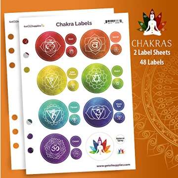 Got Oil Supplies Roller Bottle Labels - Chakra Yoga Collection - 8 Designs for 10ml Essential Oil Gemstone Bottles - 16 Label, 32 Lid Stickers & 1 Recipe Sheet Included