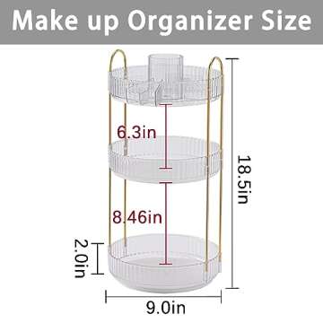 shuang qing 360° Rotating Makeup Organizer, High-Capacity Bathroom Countertop Vanity Organizers, 3 Tier Spinning Skincare Storage, for Perfume/Cosmetic/Makeup Brushes/Lotion（Clear）