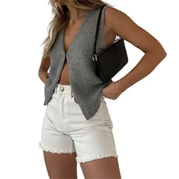 Mieeyali Womens Vintage Knittd Tank Y2k Vest Crop Top Sleeveless V-Neck Open Front Button Crochet Knit Vests Versatile Tops(A-Grey,S