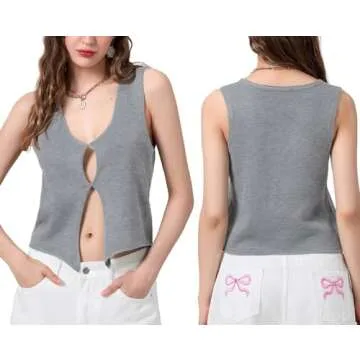 Mieeyali Womens Vintage Knittd Tank Y2k Vest Crop Top Sleeveless V-Neck Open Front Button Crochet Knit Vests Versatile Tops(A-Grey,S