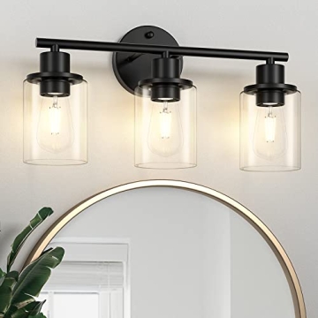 Licperron 3-Light Bathroom Wall Light, Modern Black Vanity Fixture with Clear Shades