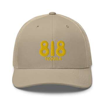 RIVEMUG 818 Tequila Embroidered Trucker Hat Curved Bill Mid Crown Adjustable Mesh Snapback Cap Khaki