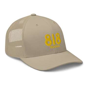 RIVEMUG 818 Tequila Embroidered Trucker Hat Curved Bill Mid Crown Adjustable Mesh Snapback Cap Khaki