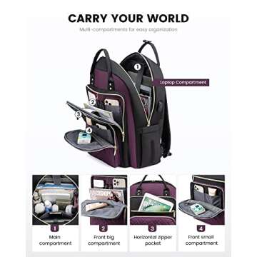 LOVEVOOK Laptop Backpack Purse for Women, 15.6" Laptop Bag for Travel with USB Port, Water Resistant Lightweight Daypacks for College Work Business, Nurse Teacher Computer Bags, Purple Black