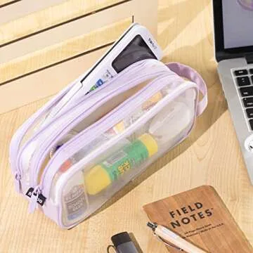 ANGOOBABY Large Mesh Pencil Case 2 Compartment Clear Bag