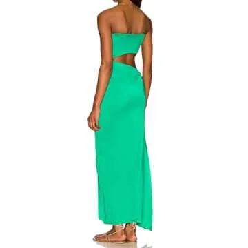 Boho Floral Long Dress for Women Y2k Spaghetti Strap Bodycon Long Dress Flower Print Party Dress (01-Strapless Green, Small)