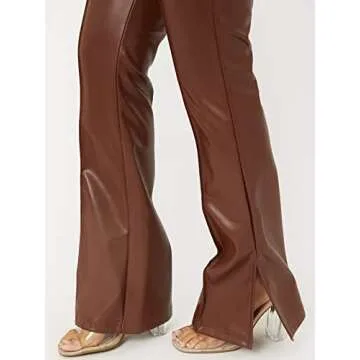 MakeMeChic Women's Stylish Chocolate Brown Faux Leather Pants