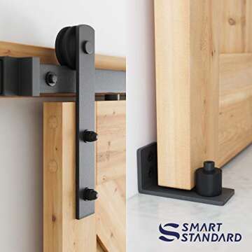 SMARTSTANDARD 5 FT Heavy Duty Sturdy Sliding Barn Door Hardware Kit, Black, (Whole Set includes 1x Pull Handle Set & 1x Floor Guide) Fit 28''-30" Wide Door Panel (I Shape Hanger)