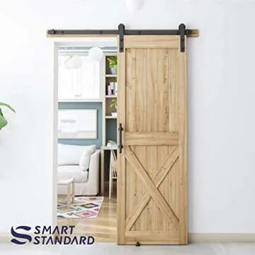 SMARTSTANDARD 5 FT Heavy Duty Sturdy Sliding Barn Door Hardware Kit, Black, (Whole Set includes 1x Pull Handle Set & 1x Floor Guide) Fit 28''-30" Wide Door Panel (I Shape Hanger)