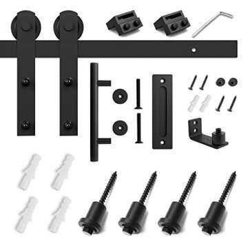 SMARTSTANDARD 5 FT Heavy Duty Sturdy Sliding Barn Door Hardware Kit, Black, (Whole Set includes 1x Pull Handle Set & 1x Floor Guide) Fit 28''-30" Wide Door Panel (I Shape Hanger)