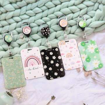 Juanooo Green Daisy ID Lanyard Badge Holder & Retractable Badge Reel Clip for Teachers & Students