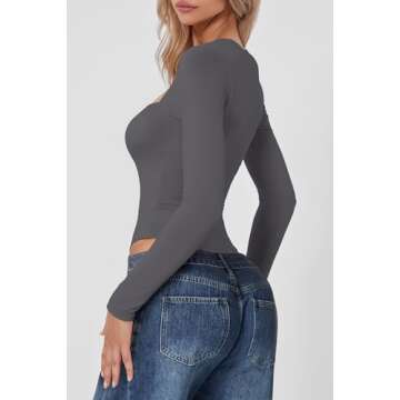 QINSEN Tummy Ontrol Bodysuit for Women Square Neck High Cut T Shirt Long Sleeve Tops Dark Grey S